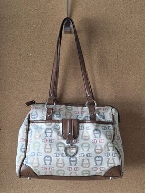 Etienne Aigner Logo Jacquard Shoulder Bag Brown Leather Trim 13x9x5